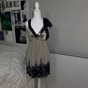 Early 2000's Karen Millen Dress Womens US 6 Black Gold Sequin V Neck Party Mini